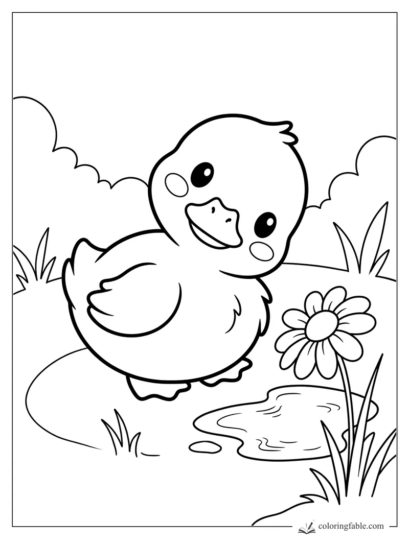 Kawaii duckling smiling beside a daisy, puddle, grass tufts, and rounded bushes coloring page