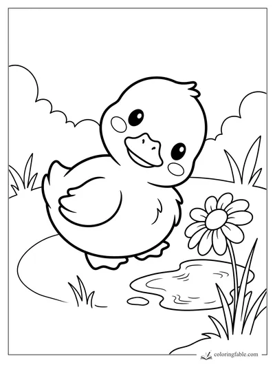 Kawaii duckling smiling beside a daisy, puddle, grass tufts, and rounded bushes coloring page