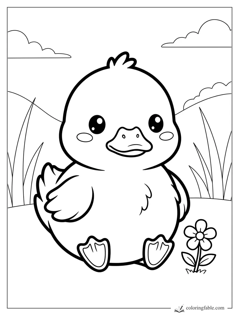 Kawaii duckling with big eyes sitting by reeds, hills, clouds, and a small flower.