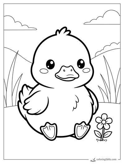 Kawaii duckling with big eyes sitting by reeds, hills, clouds, and a small flower.