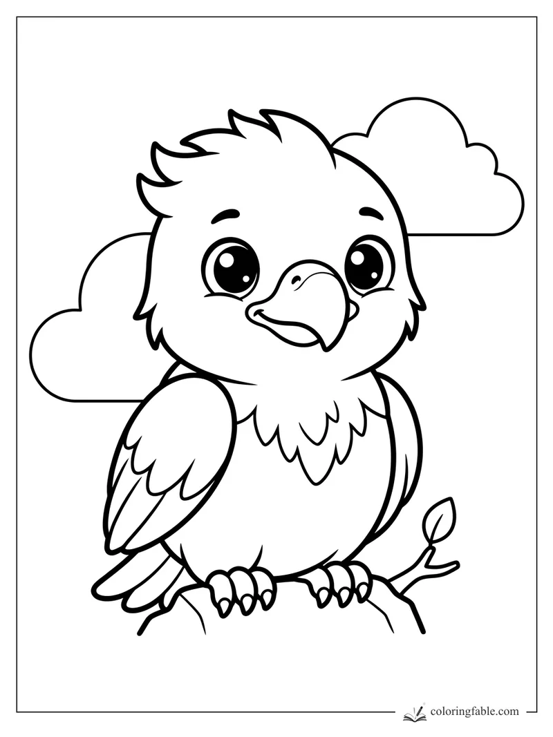 Kawaii eagle with big sparkling eyes perched on a branch, with puffy clouds behind it.