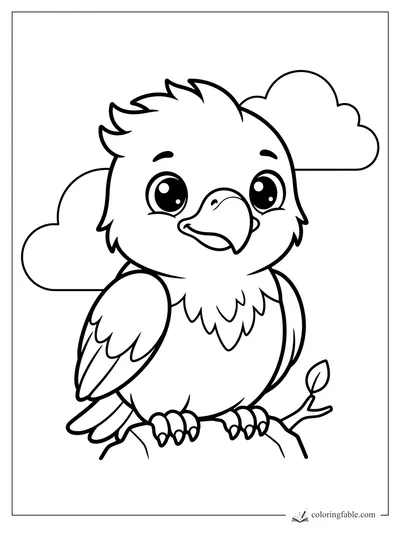 Kawaii eagle with big sparkling eyes perched on a branch, with puffy clouds behind it.