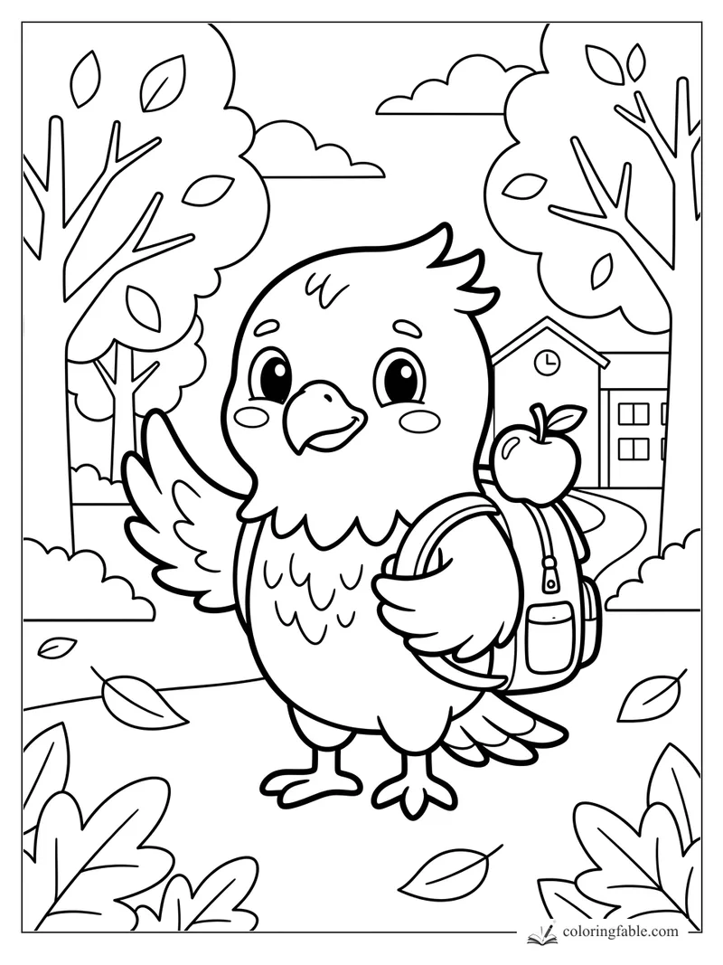 Kawaii eagle with a backpack and apple walking toward school between leafy trees.