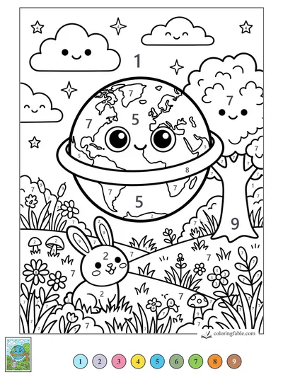 Kawaii Earth Floating Over a Bunny Meadow — color by number