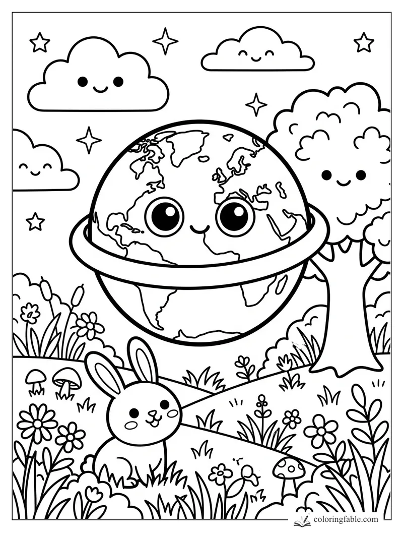 Kawaii Earth with big eyes, ring, clouds, stars, bunny, flowers, trees, and mushrooms in a meadow.