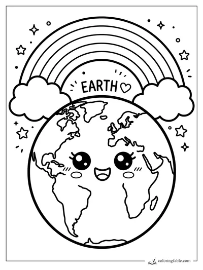 Kawaii Earth smiling under a rainbow with clouds, stars, and an Earth heart sign