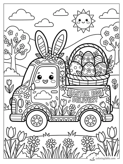 Kawaii Easter egg delivery truck with bunny ears, basket of decorated eggs, flowers, clouds, and smiling sun