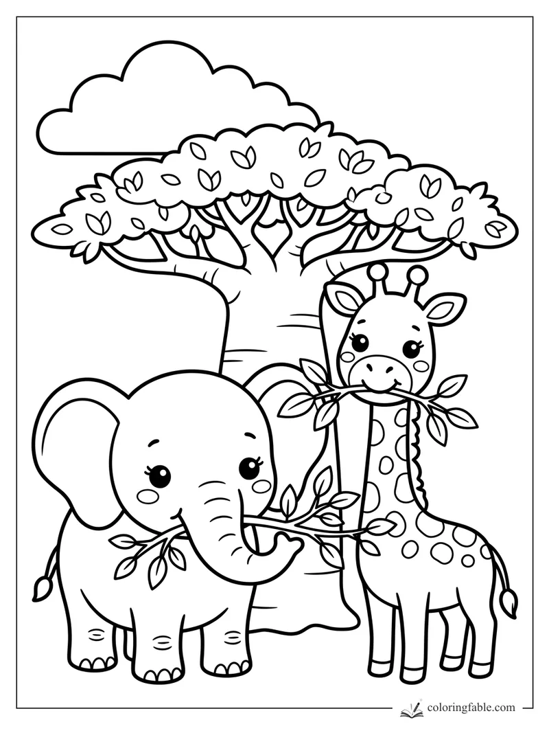 Kawaii elephant and giraffe nibble leafy branches beneath a broad acacia tree.