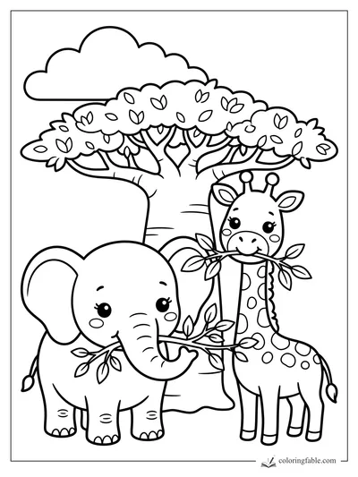 Kawaii elephant and giraffe nibble leafy branches beneath a broad acacia tree.