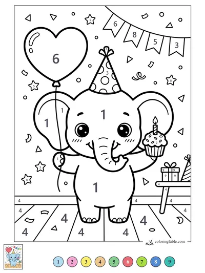 Kawaii Elephant with Birthday Balloon and Cupcake — color by number