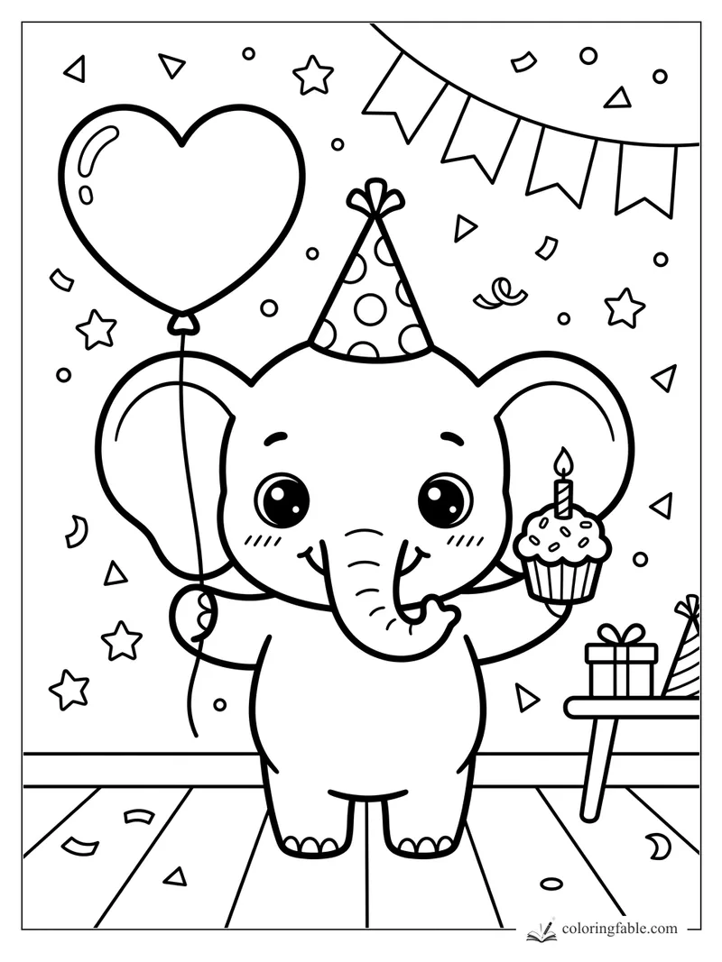 Kawaii elephant in a party hat holding a heart balloon and candle cupcake at a birthday party.