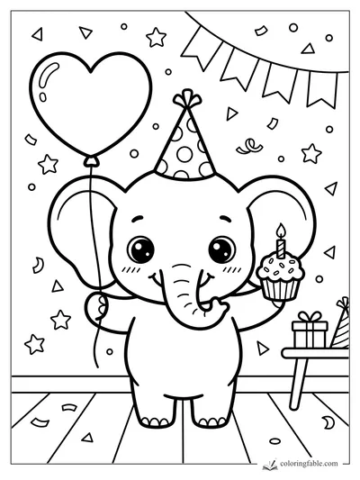 Kawaii elephant in a party hat holding a heart balloon and candle cupcake at a birthday party.