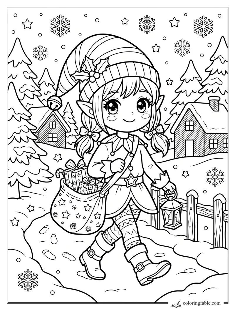 Kawaii elf girl with gift sack, lantern, snowy houses, pine trees, stars, and snowflakes