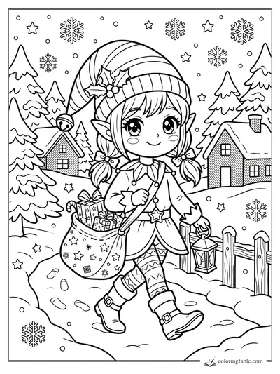 Kawaii elf girl with gift sack, lantern, snowy houses, pine trees, stars, and snowflakes