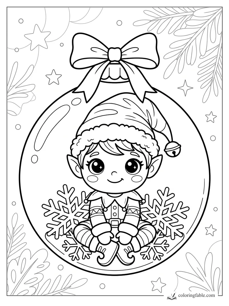 Kawaii elf sitting inside a giant Christmas ornament with bow, snowflakes, stars, and pine branches.
