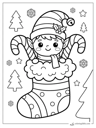 Kawaii elf in a striped hat peeking from a fluffy Christmas stocking with candy canes, snowflakes, stars, and trees.
