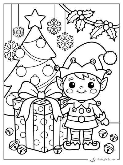 Kawaii Christmas elf beside a polka-dot gift, tree, snowflakes, holly, and scattered jingle bells