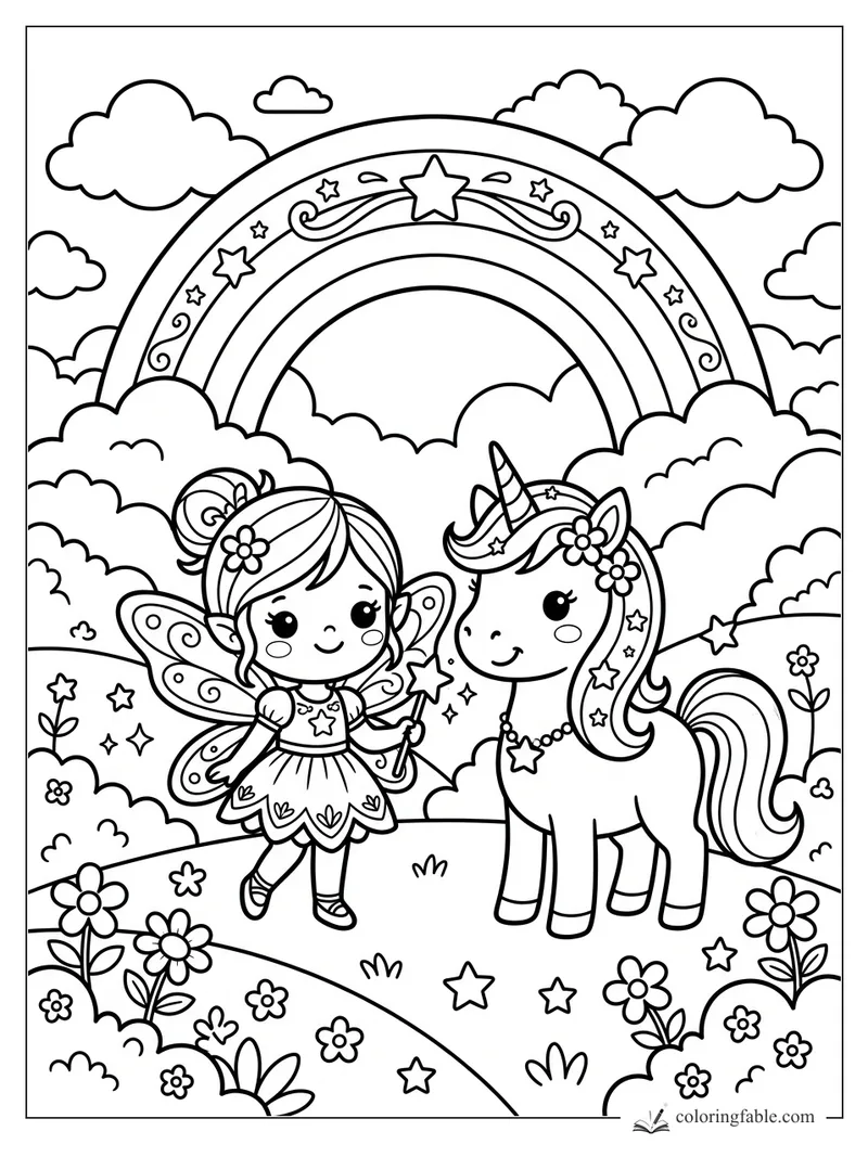 Kawaii fairy holding a star wand beside a unicorn under a rainbow with clouds, stars, and flowers.