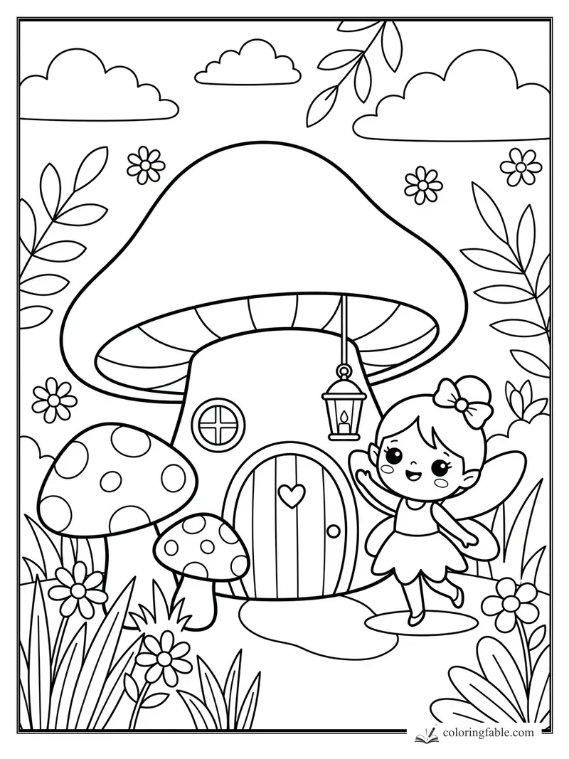 Kawaii fairy waving beside a mushroom house with a heart door, lantern, flowers, clouds, and leafy plants.