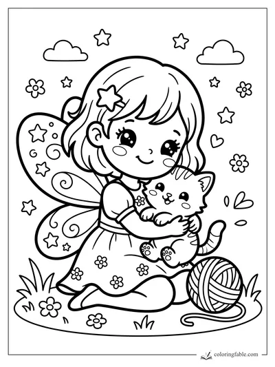 Kawaii fairy hugging a kitten beside a ball of yarn, with starry wings, flowers, clouds, and hearts.