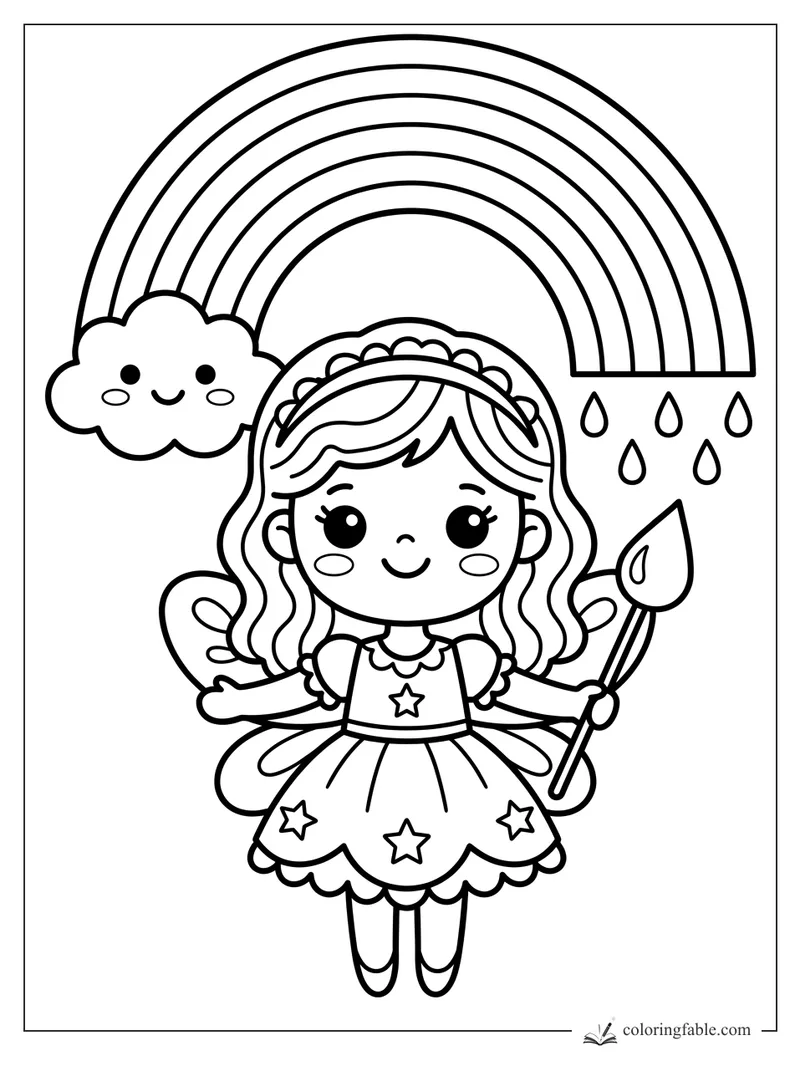Kawaii fairy with paintbrush, rainbow, smiling cloud, and raindrops coloring page
