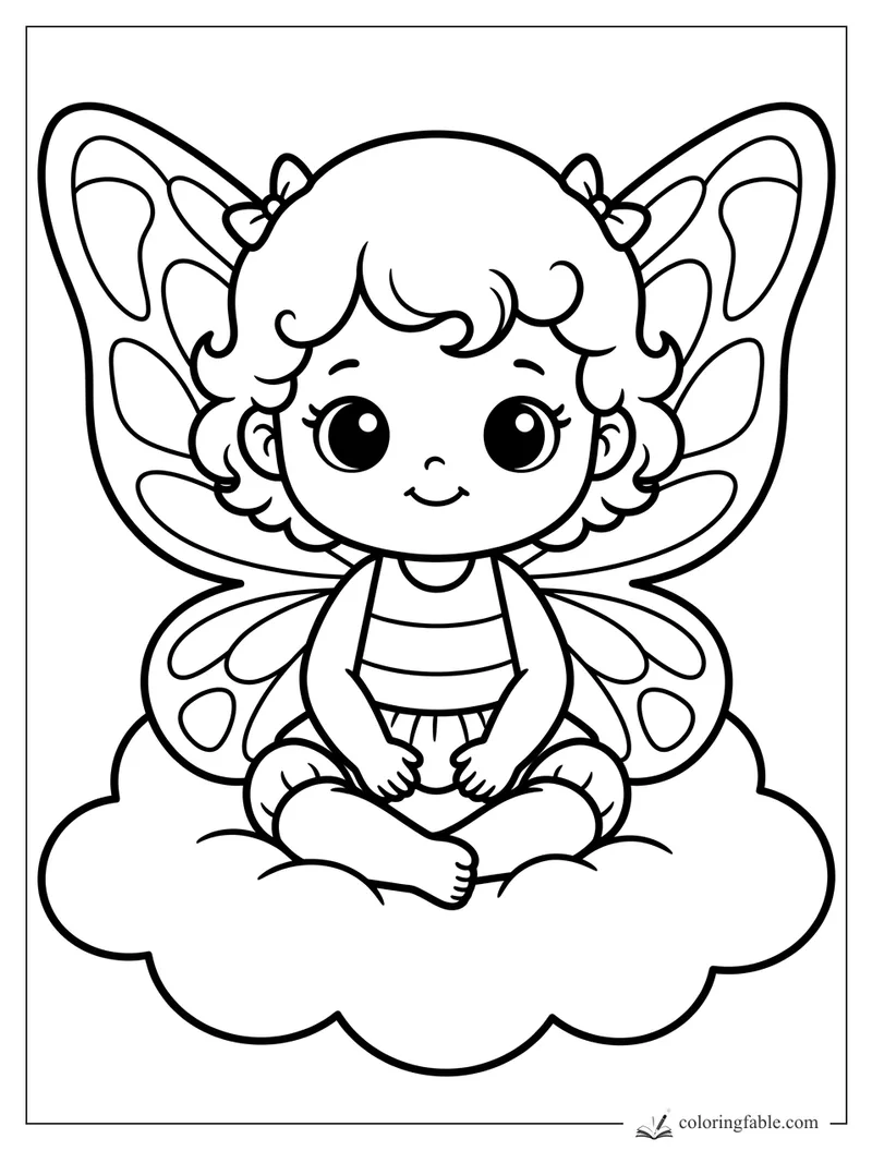 Kawaii fairy with curly hair, butterfly wings, and a striped dress sitting cross-legged on a cloud.