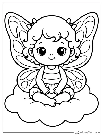 Kawaii fairy with curly hair, butterfly wings, and a striped dress sitting cross-legged on a cloud.