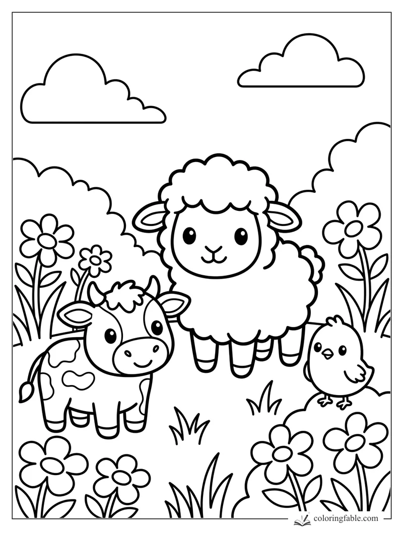 Kawaii sheep, calf, and chick smiling among tall flowers and clouds in a farm field coloring page