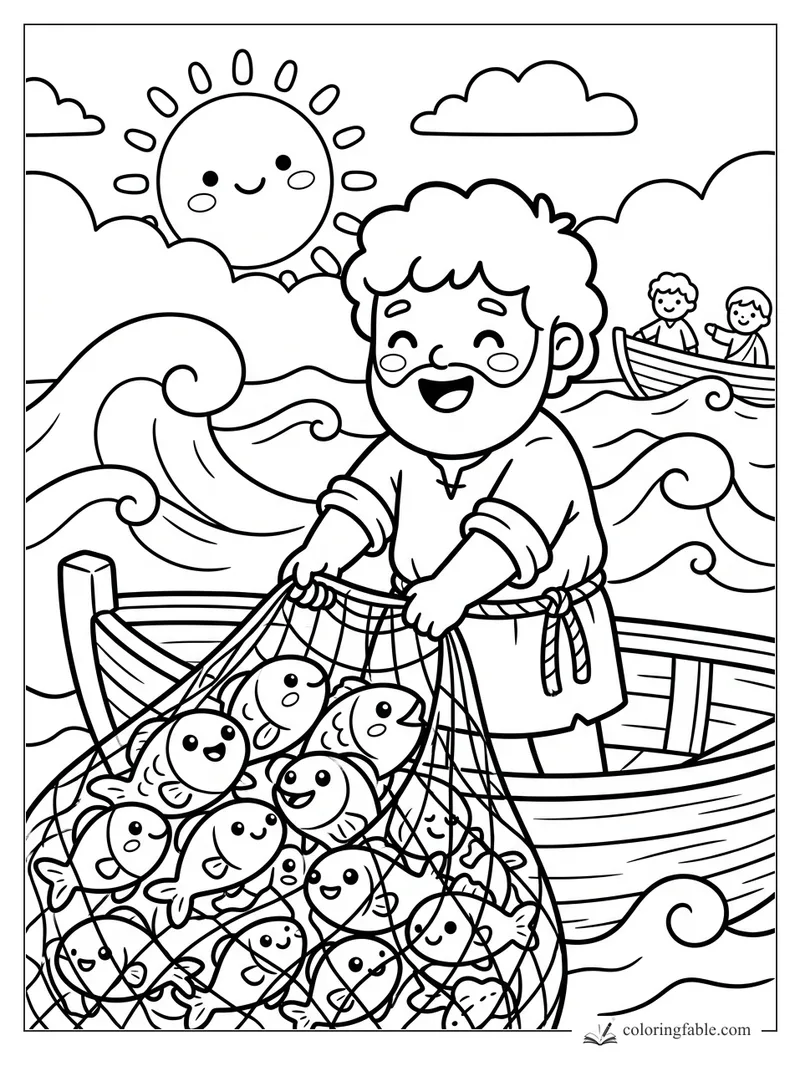 Kawaii Bible fisherman smiling in a boat with a net full of fish, waves, sun, clouds, and another boat