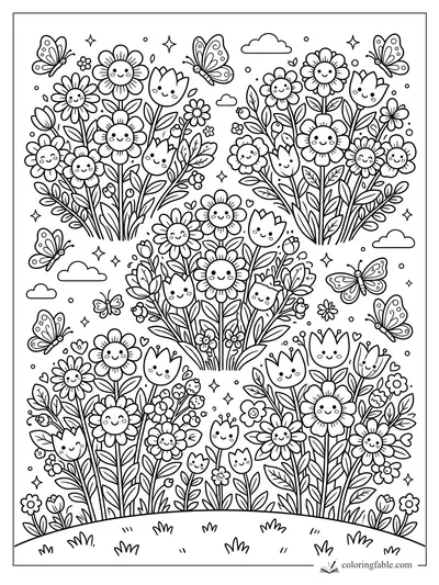 Kawaii flower meadow with smiling daisies, tulips, leafy stems, butterflies, clouds, hearts, and sparkles.