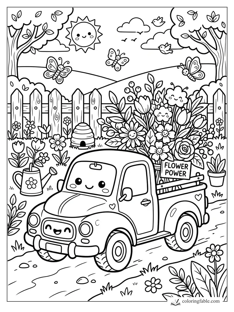 Kawaii pickup truck carrying flowers past a garden fence with butterflies, bees, birds, and smiling sun