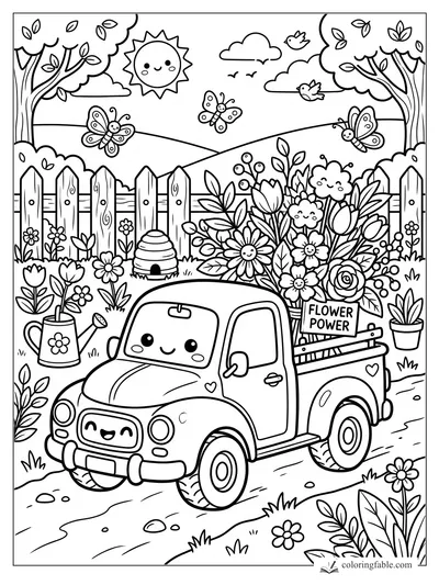Kawaii pickup truck carrying flowers past a garden fence with butterflies, bees, birds, and smiling sun