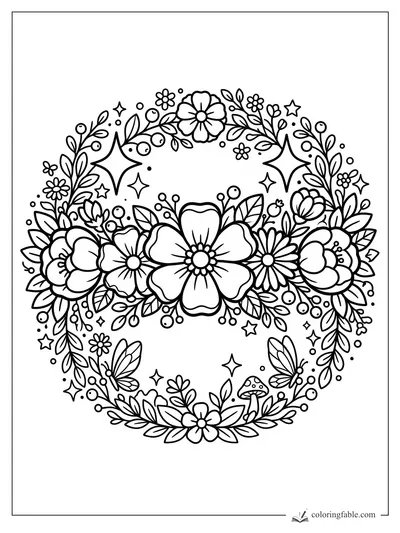 Kawaii flower wreath coloring page with butterflies, berries, leaves, stars, and a tiny mushroom.