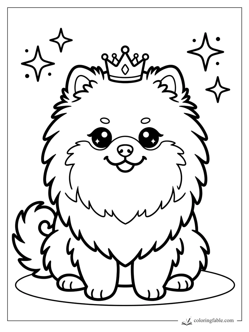 Kawaii fluffy dog wearing a tiny crown, sitting under sparkling stars