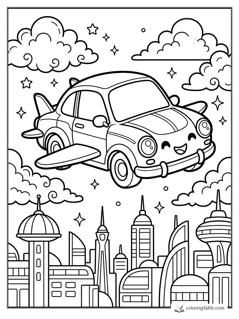 Kawaii flying car with wings smiling above futuristic skyscrapers, clouds, stars, and sparkles.