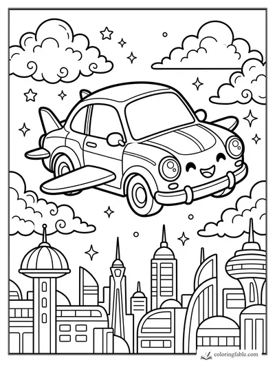 Kawaii flying car with wings smiling above futuristic skyscrapers, clouds, stars, and sparkles.