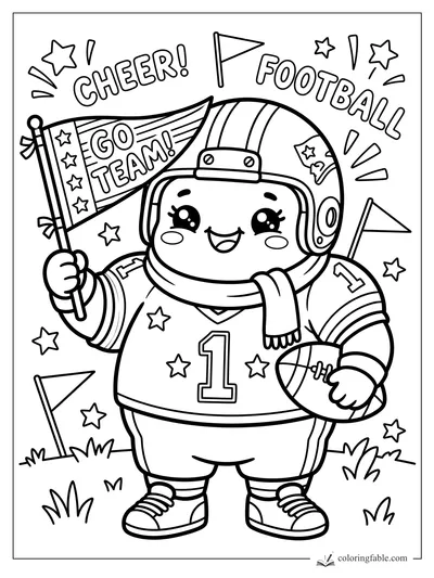 Kawaii football player holding a Go Team pennant, ball, flags, stars, and cheer words.