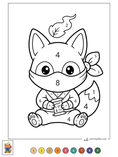 Kawaii Fox Ninja Reading a Tiny Scroll — color by number
