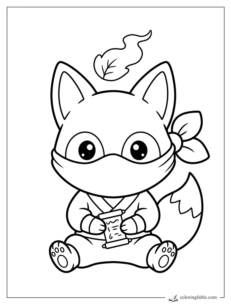 Kawaii fox ninja with big ears, mask, bow, scroll, and a floating leaf above its head