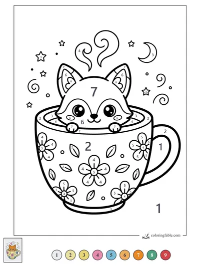 Kawaii Fox Peeking from a Flower Teacup — color by number