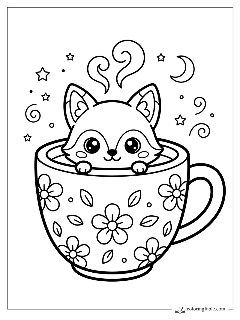 Kawaii fox peeking from a flower teacup with steam curls, stars, dots, and a crescent moon.