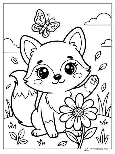 Kawaii fox waving beside a daisy while a butterfly floats above in a breezy garden scene
