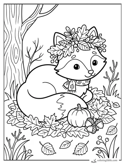 Kawaii fox wearing a leafy autumn crown beside a pumpkin, acorns, and fall leaves under a tree.