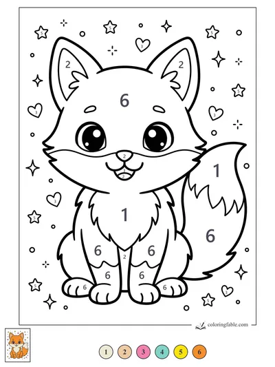 Kawaii Fox with Stars and Hearts — color by number