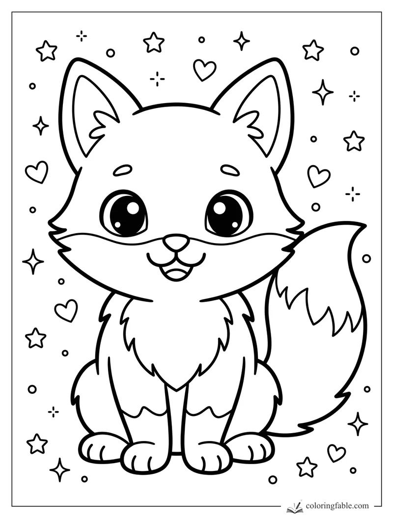 Cute kawaii fox sitting with a fluffy tail, big shiny eyes, stars, hearts, and sparkle doodles.