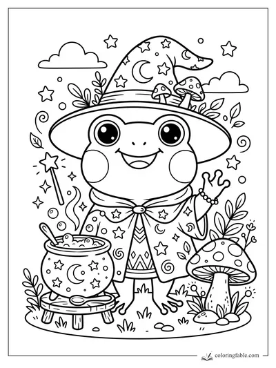 Kawaii frog witch with a star wand, bubbling cauldron, moon hat, and spotted mushrooms
