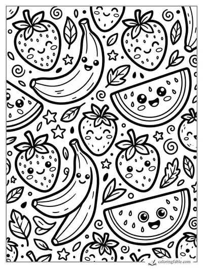 Kawaii bananas, strawberries, and watermelon slices with smiling faces, stars, leaves, and swirls.