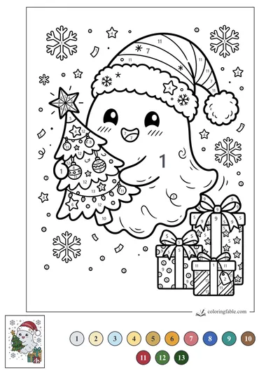 Kawaii Ghost With Santa Hat and Christmas Tree — color by number
