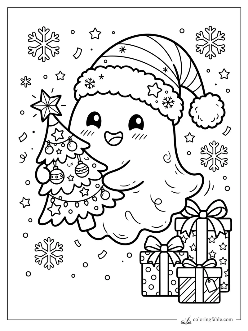 Kawaii ghost in a Santa hat holding a decorated Christmas tree with gifts, snowflakes, and stars.