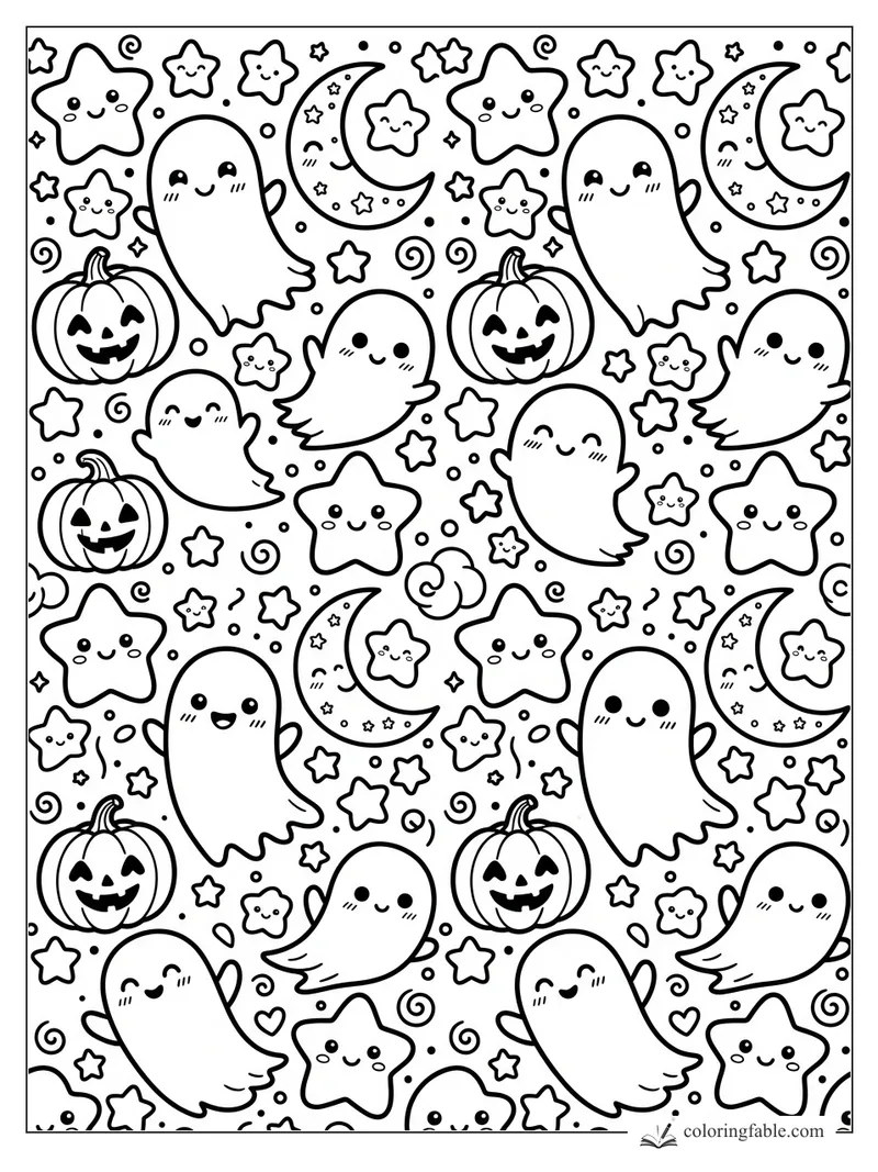 Kawaii Halloween coloring page with smiling ghosts, jack-o'-lanterns, crescent moons, stars, and swirls.